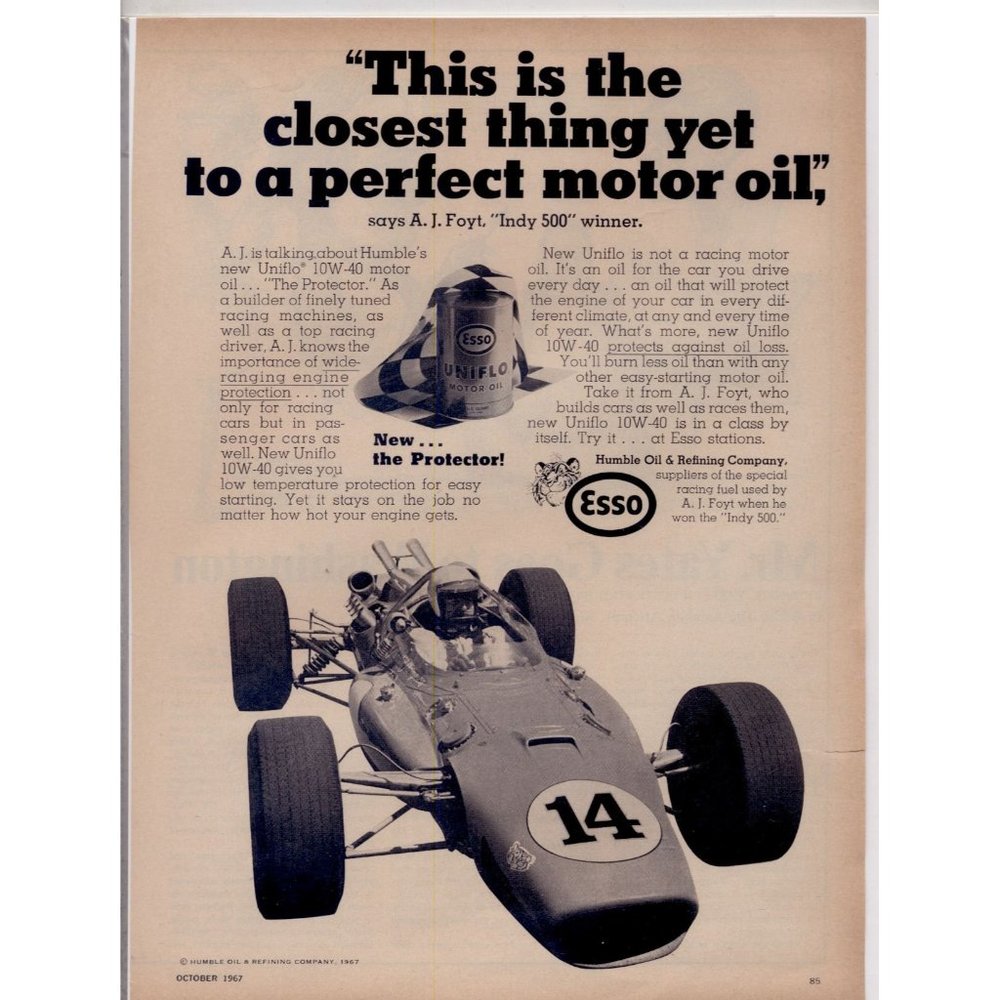 VINTAGE 1967 ESSO/HUMBLE UNIFLOW 10W-40 OIL MAGAZINE AD, READY TO HANG/FRAME!